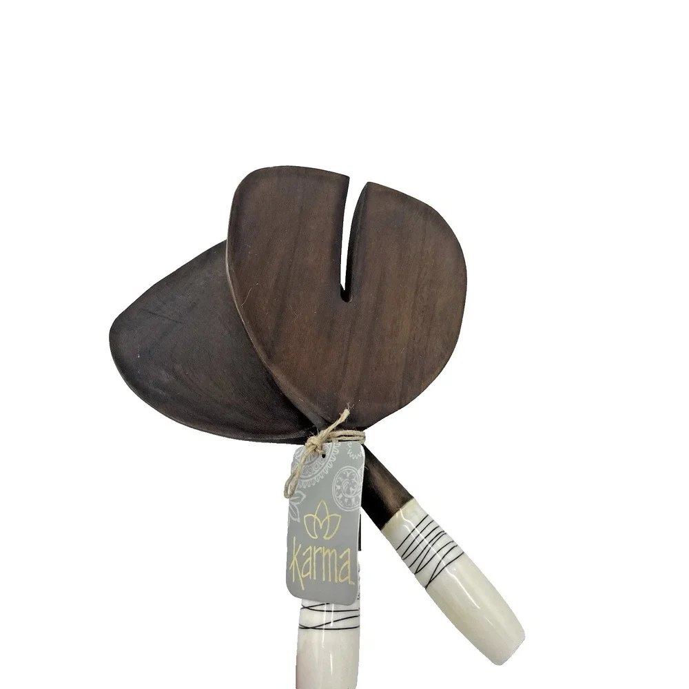 NWT Karma‎ Gifts Pr Walnut Wood Serving Spoons Boho Natural Salad Food Servers